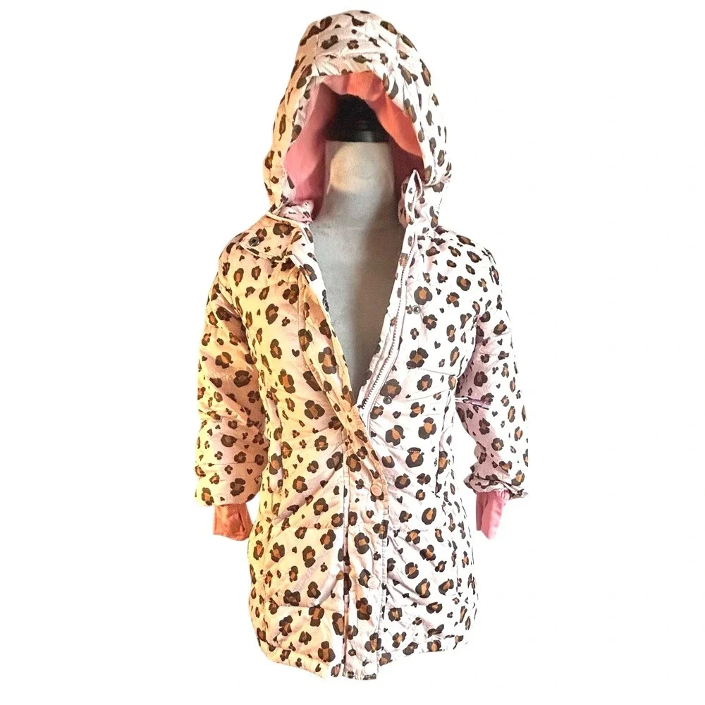 Girls Pink‎ Leopard Amazon Essentials Puffer Coat Hooded Winter Warm Size Small